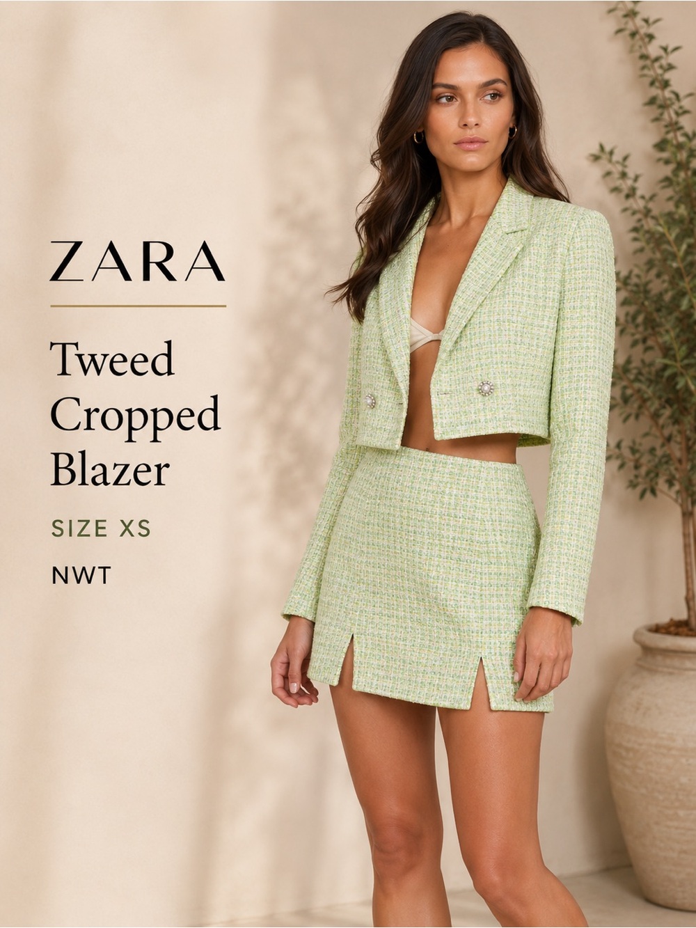 ZARA NWT Green Tweed Cropped Blazer Pearl Buttons Size XS